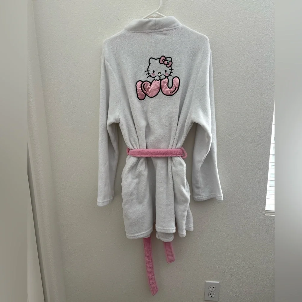 Hello Kitty White Plush Robe with Pink Trim & Belt Size XL